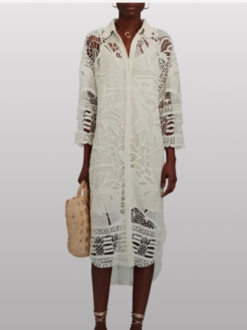 Farm Rio Off-White Guipure Lace Midi Shirtdress